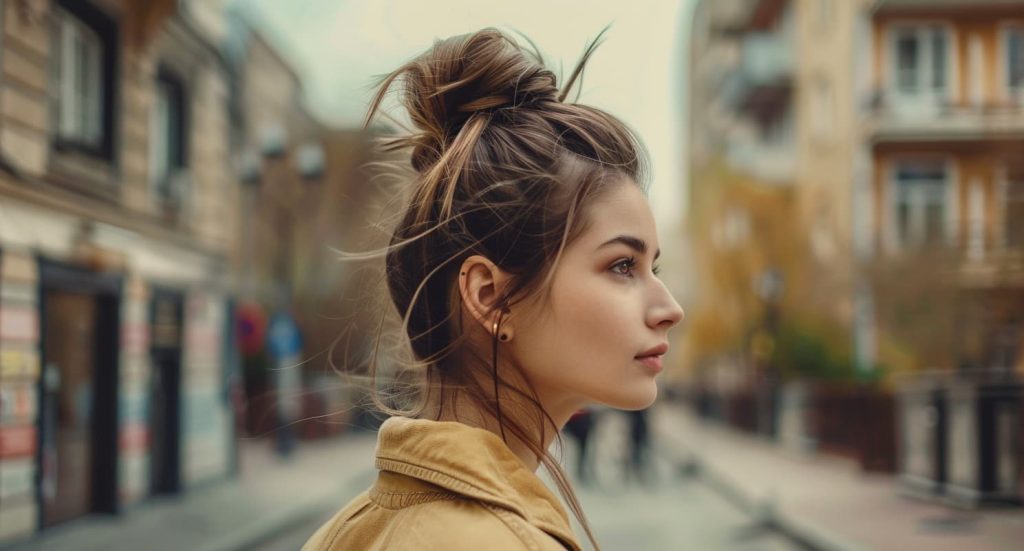 A woman with a unique, artistic bun hairstyle, demonstrating the transformative power of finding the right products.